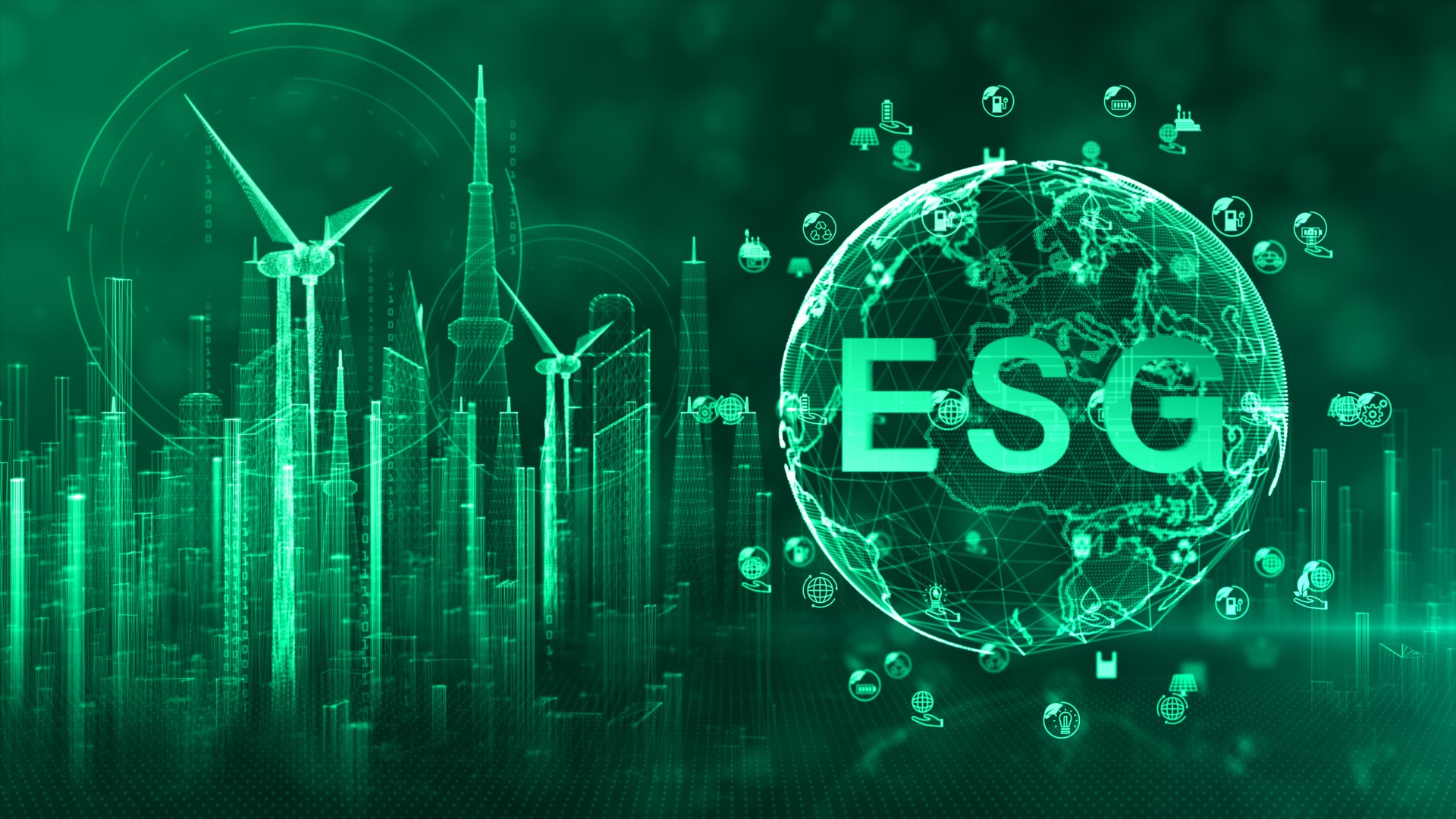 Illustrazione digitale dei principi ESG Environmental, Social, Governance integrati con il business globale, con una città futuristica verde e un globo terrestre. Rendering 3D